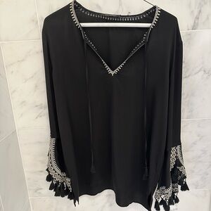 Kobi Halperin Black Long Sleeve Blouse with embroidered and tassel sleeves